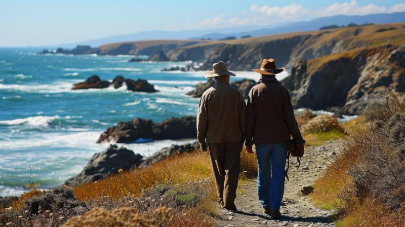 Retired couple walking along a beach cliffside